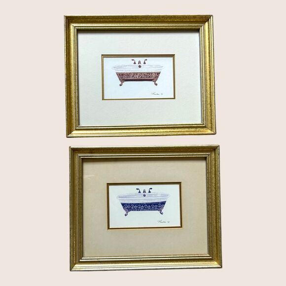 🛁 VTG 1980s CONSUELO GAMBOA GOLD FRAMED BATHTUB PRINTS SET OF TWO - Picture 1 of 5